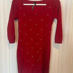 Elegant Red Long Sleeve Dress with Pearl Accents